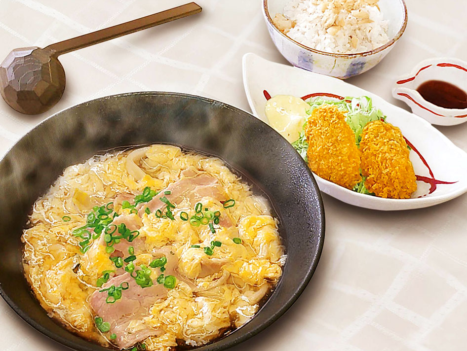 かき玉うどんと牡蠣フライ